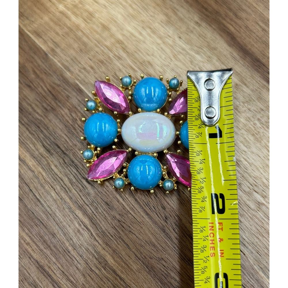Vtg Cabachon Brooch Gold Tone Pink Blue White Easter Spring Pastel Colorful - Picture 5 of 7